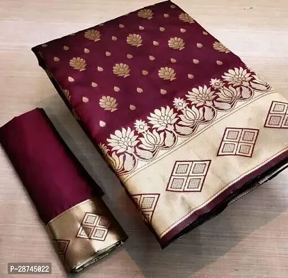 Stylish Silk Blend Maroon Zari Woven Saree with Blouse piece For Women