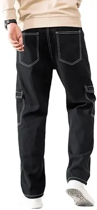 Stylish Black Cotton Blend Mid-Rise Cargos For Men-thumb1