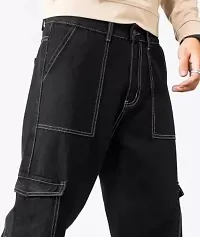 Stylish Black Denim Solid Cargos For Men-thumb2