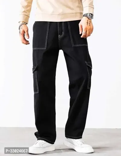 Stylish Black Cotton Blend Mid-Rise Cargos For Men-thumb0