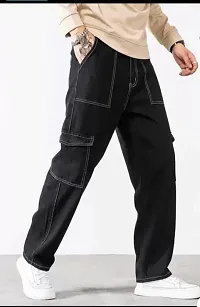 Stylish Black Denim Solid Cargos For Men-thumb1