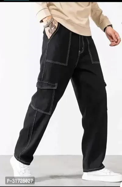 Stylish Black Denim Solid Cargos For Men-thumb2