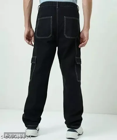 Stylish Black Denim Solid Cargos For Men-thumb3