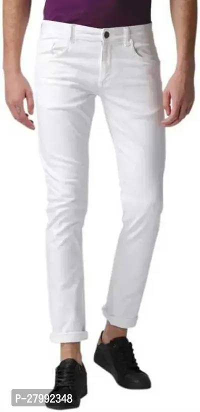 Elegant White Denim Solid Mid-Rise Jeans For Men-thumb0