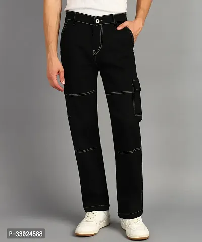 Stylish Black Denim Mid-Rise Cargos For Men-thumb3