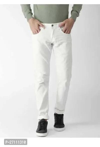 Stylish White Cotton Blend Mid-Rise Jeans For Men-thumb0