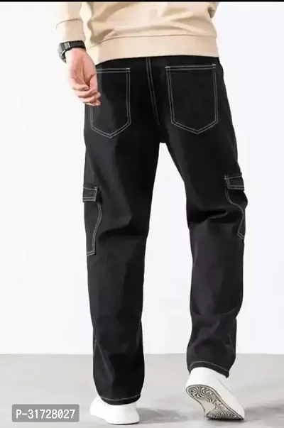 Stylish Black Denim Solid Cargos For Men-thumb3