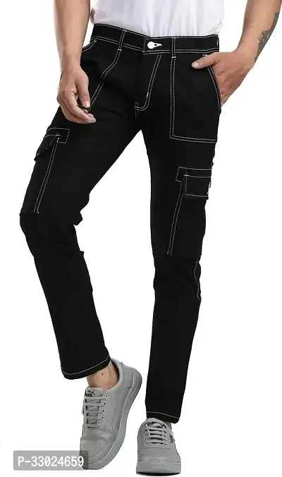 Stylish Black Denim Mid-Rise Cargos For Men-thumb0