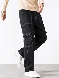 Stylish Black Cotton Blend Mid-Rise Cargos For Men-thumb2