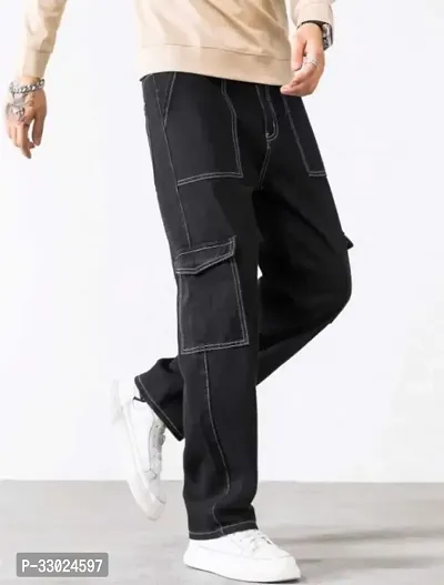 Stylish Black Cotton Blend Mid-Rise Cargos For Men-thumb3