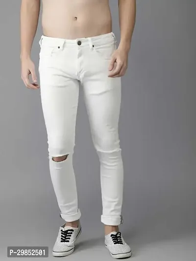 Comfortable White Cotton Blend Mid-Rise Jeans For Men