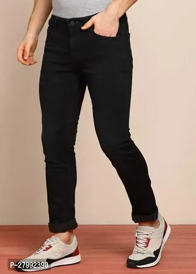 Elegant Black Denim Solid Mid-Rise Jeans For Men-thumb3