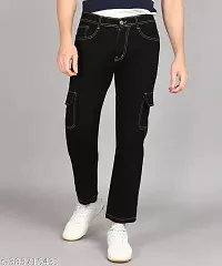 Stylish Black Denim Solid Cargos For Men-thumb1