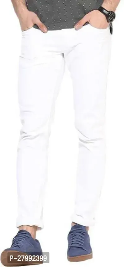 Elegant White Denim Solid Mid-Rise Jeans For Men-thumb0