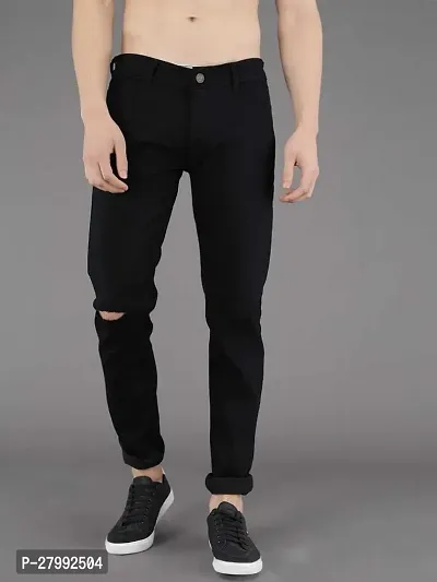 Elegant Black Denim Blend Distress Mid-Rise Jeans For Men-thumb0