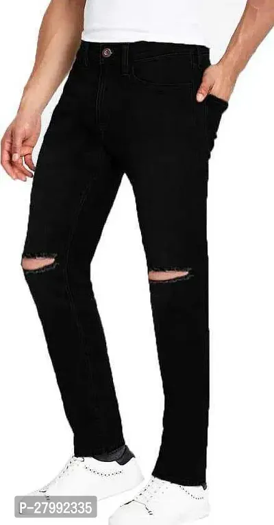 Elegant Black Denim Distress Mid-Rise Jeans For Men-thumb0