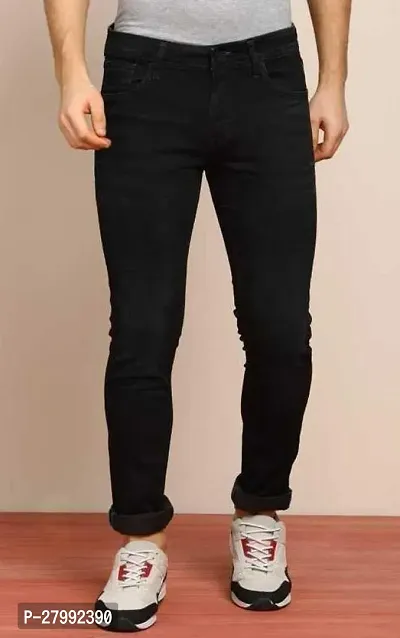 Elegant Black Denim Solid Mid-Rise Jeans For Men-thumb0