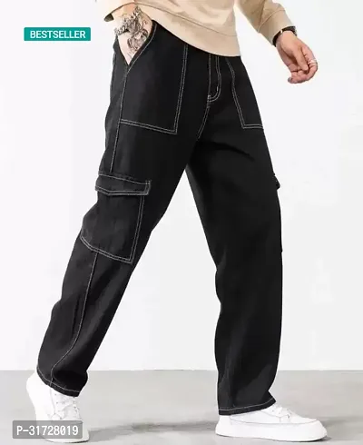 Stylish Black Denim Solid Cargos For Men-thumb0