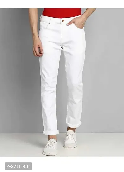 Stylish White Cotton Blend Mid-Rise Jeans For Men-thumb0