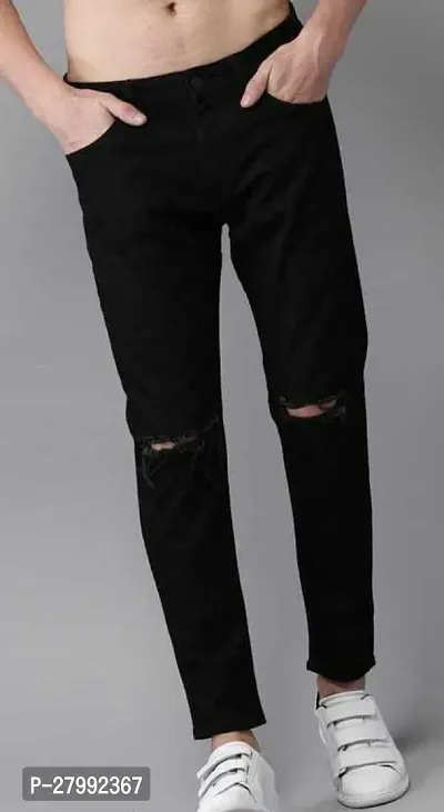 Elegant Black Denim Distress Low-Rise Jeans For Men-thumb0