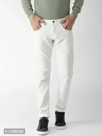 Elegant White Denim Solid Mid-Rise Jeans For Men