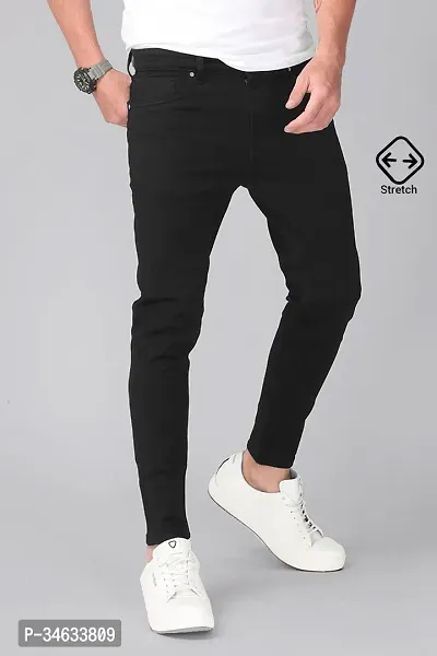 Stylish Black Cotton Blend Solid Mid Rise Jeans For Men-thumb0