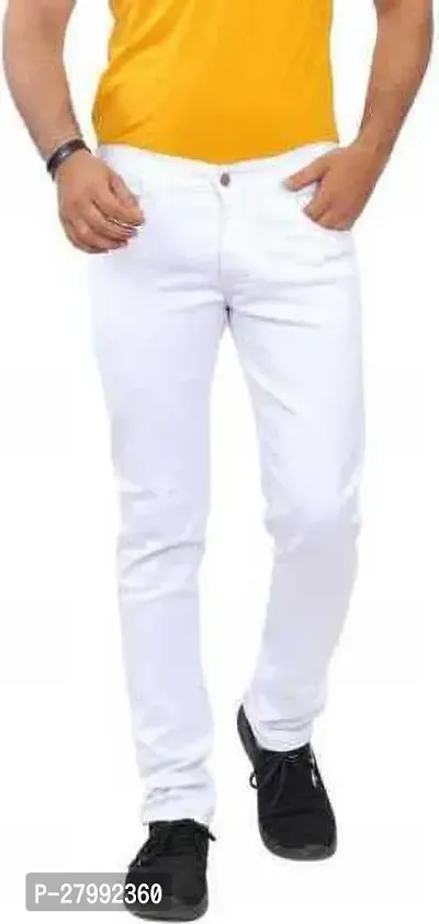 Elegant White Denim Solid Mid-Rise Jeans For Men-thumb0