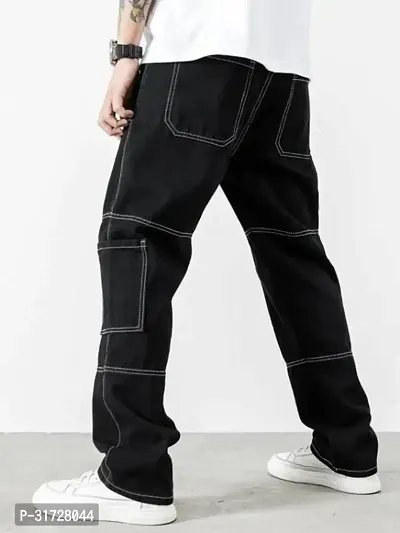 Stylish Black Denim Solid Cargos For Men-thumb2