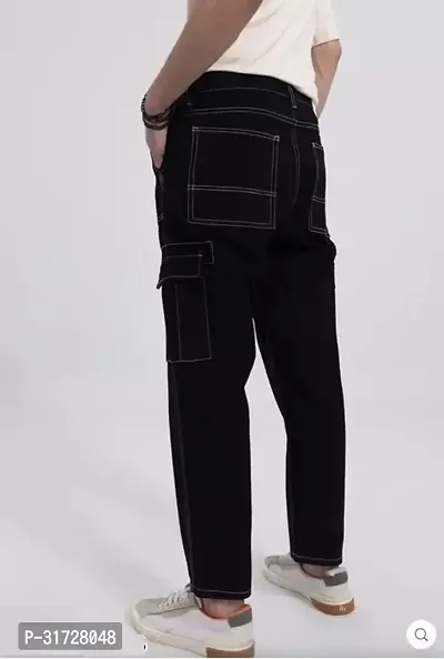 Stylish Black Denim Solid Cargos For Men-thumb2