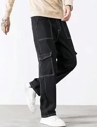 Stylish Black Denim Mid-Rise Cargos For Men-thumb4