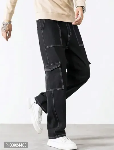 Stylish Black Denim Mid-Rise Cargos For Men-thumb5