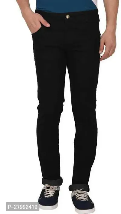 Elegant Black Denim Solid Mid-Rise Jeans For Men-thumb0