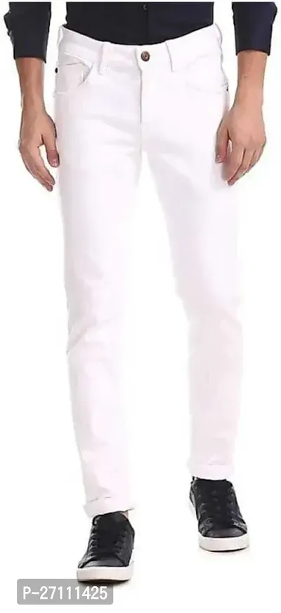 Stylish White Cotton Blend Mid-Rise Jeans For Men-thumb0