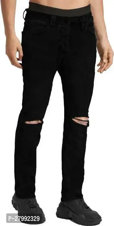 Elegant Black Denim Distress Mid-Rise Jeans For Men-thumb0