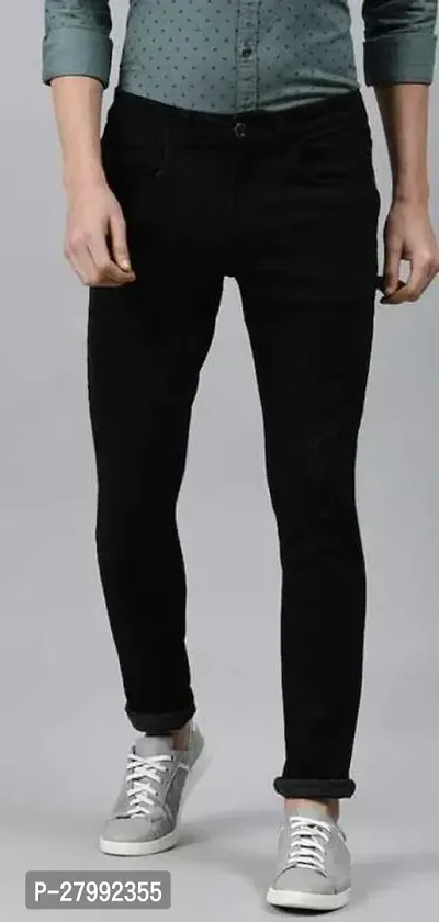 Elegant Black Denim Solid Mid-Rise Jeans For Men-thumb0