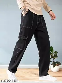 Stylish Black Denim Solid Cargos For Men-thumb2