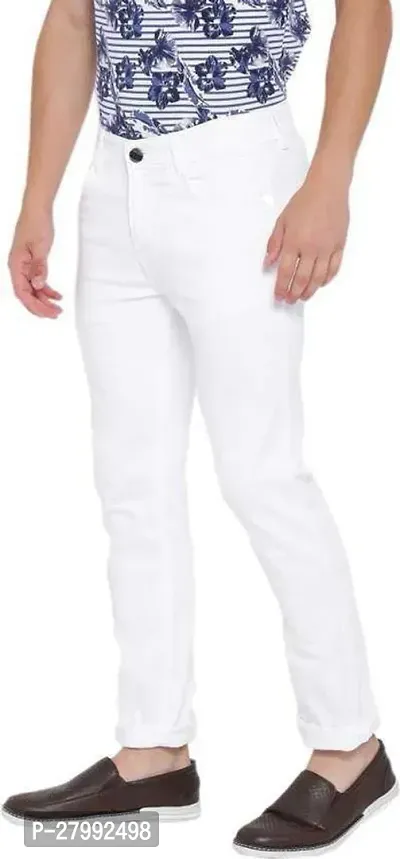 Elegant White Denim Solid Mid-Rise Jeans For Men-thumb3