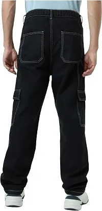 Stylish Black Denim Solid Regular Fit Cargo For Men-thumb2