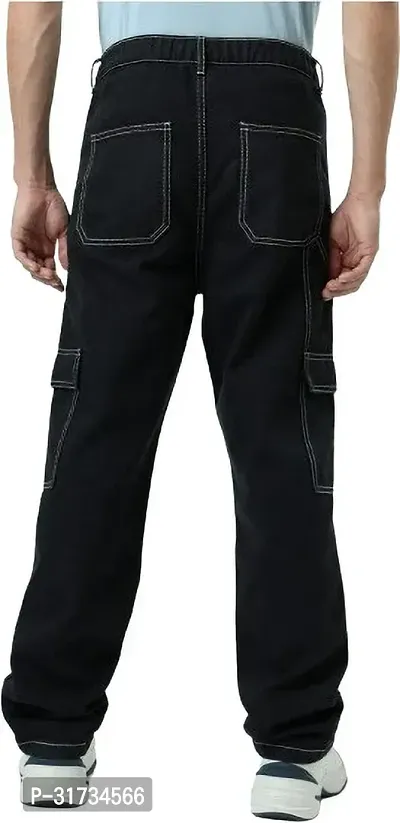 Stylish Black Denim Solid Regular Fit Cargo For Men-thumb3