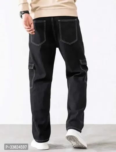 Stylish Black Cotton Blend Mid-Rise Cargos For Men-thumb2