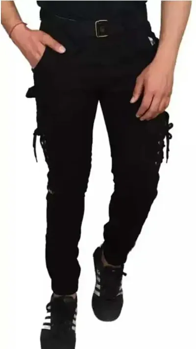 Stylish Black Cotton Blend Solid Cargos For Men