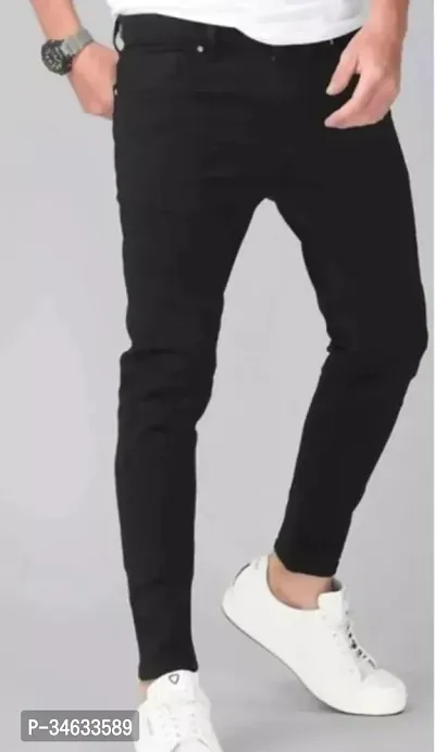 Stylish Black Denim Solid Mid Rise Jeans For Men-thumb0