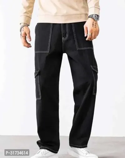 Stylish Black Denim Solid Regular Fit Cargo For Men-thumb0