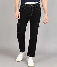 Stylish Black Cotton Blend Mid-Rise Cargos For Men-thumb1