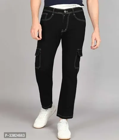 Stylish Black Cotton Blend Mid-Rise Cargos For Men-thumb2