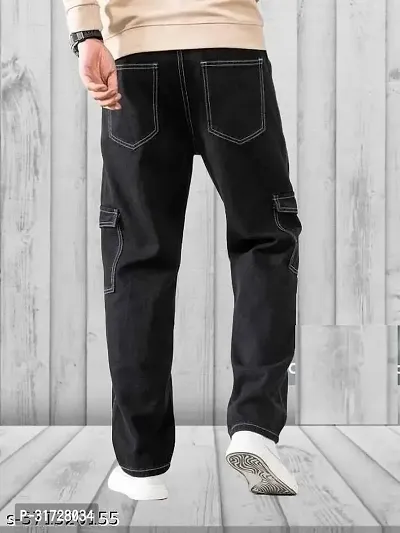 Stylish Black Denim Solid Cargos For Men-thumb2