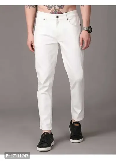 Stylish White Cotton Blend Mid-Rise Jeans For Men-thumb0