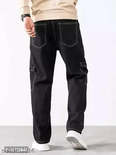 Stylish Black Denim Solid Cargos For Men-thumb2