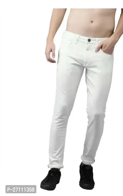 Stylish White Cotton Blend Mid-Rise Jeans For Men-thumb0