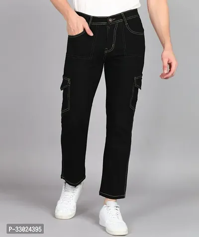 Stylish Black Denim Mid-Rise Cargos For Men